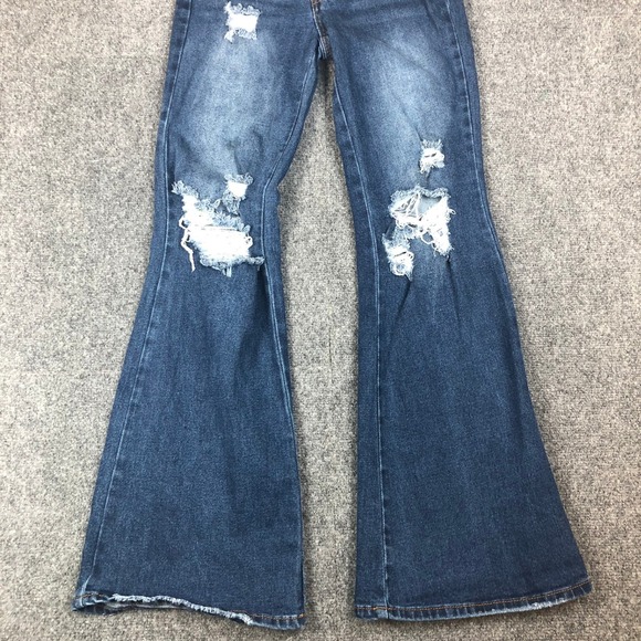 Almost Famous Distressed Flare Jeans Dark Wash High Rise Raw Hem Size 0 - Picture 2 of 12